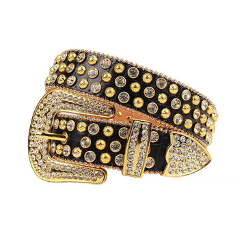 Black Strap with Gold and Crystal Studs Rhinestone Belt