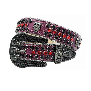 Skull Buckle Purple Strap with Black and Red Studs Rhinestone Belt