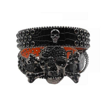 Metal Skull Buckle Black Strap with Black Studs Rhinestone Belt