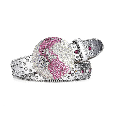Globe Buckle with Silver and Pink Studs Rhinestone Belt