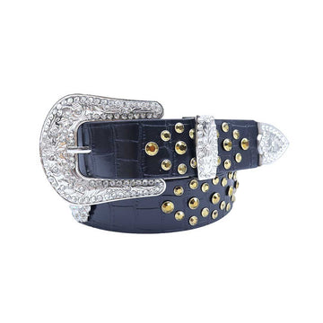 Engraved Buckle Black Strap with Gold Studded Design Rhinestone Belt