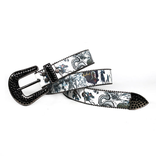 Engraved Buckle Halloween Decoration with Black Shiny Strap Rhinestone Belt