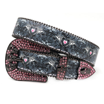 Skull Buckle Spider Strap with Pink Studded Design Rhinestone Belt
