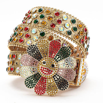 Flower Buckle Gold Strap with Multicolor Stones Rhinestone Belt