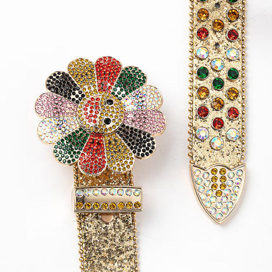 Flower Buckle Gold Strap with Multicolor Stones Rhinestone Belt