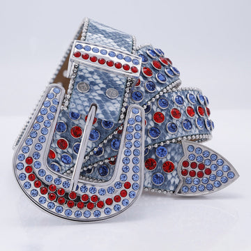 Ruby Engraved Buckle with Blue and Red Strap Rhinestone Belt