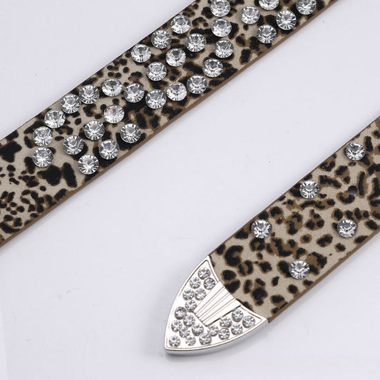 Leopard Engraved Buckle with White Stones Rhinestone Belt