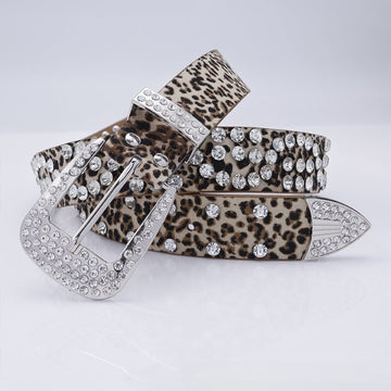 Leopard Engraved Buckle with White Stones Rhinestone Belt