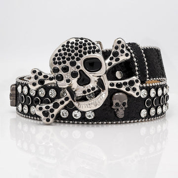 Black Skull Buckle with Black and White Stones Rhinestone Belt