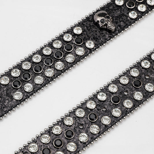 Black Skull Buckle with Black and White Stones Rhinestone Belt
