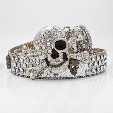 Silver Shiny Skull Buckle with Crystal Strap Rhinestone Belt