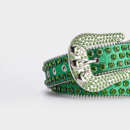 Green Shiny Skull Buckle with Green Crystal Strap Rhinestone Belt