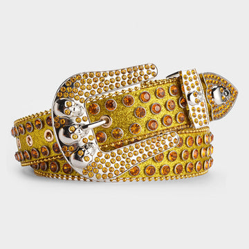Gold Shiny Skull Buckle with Gold Crystal Strap Rhinestone Belt