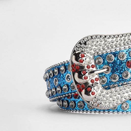 Blue Shiny Skull Buckle with Crystal Strap Rhinestone Belt