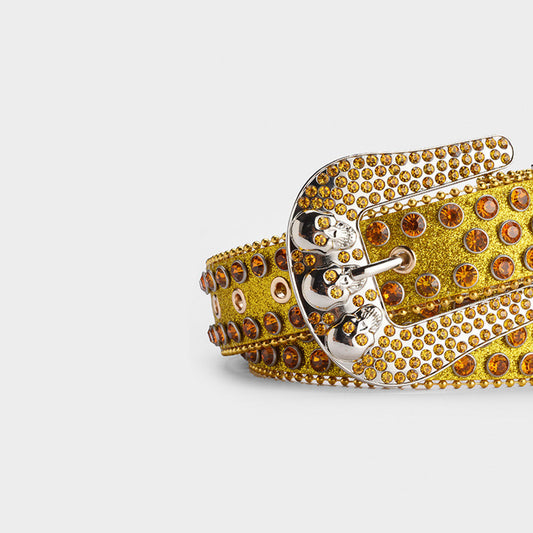 Gold Shiny Skull Buckle with Gold Crystal Strap Rhinestone Belt