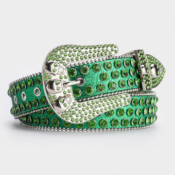 Green Shiny Skull Buckle with Green Crystal Strap Rhinestone Belt