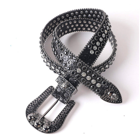 Black Skull Buckle with Black and White Strap Rhinestone Belt