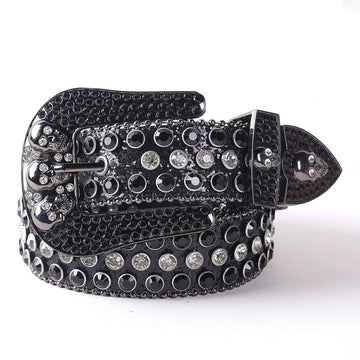 Black Skull Buckle with Black and White Strap Rhinestone Belt