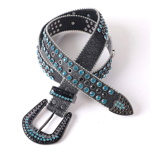 Engraved Buckle with Black Strap and Blue Stones Rhinestone Belt