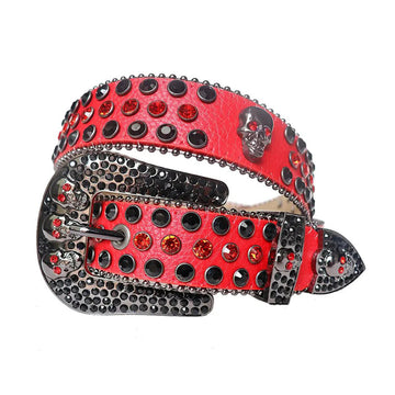 Black and Red Rhinestones with Red Strap and Skull Buckles Rhinestone Belt